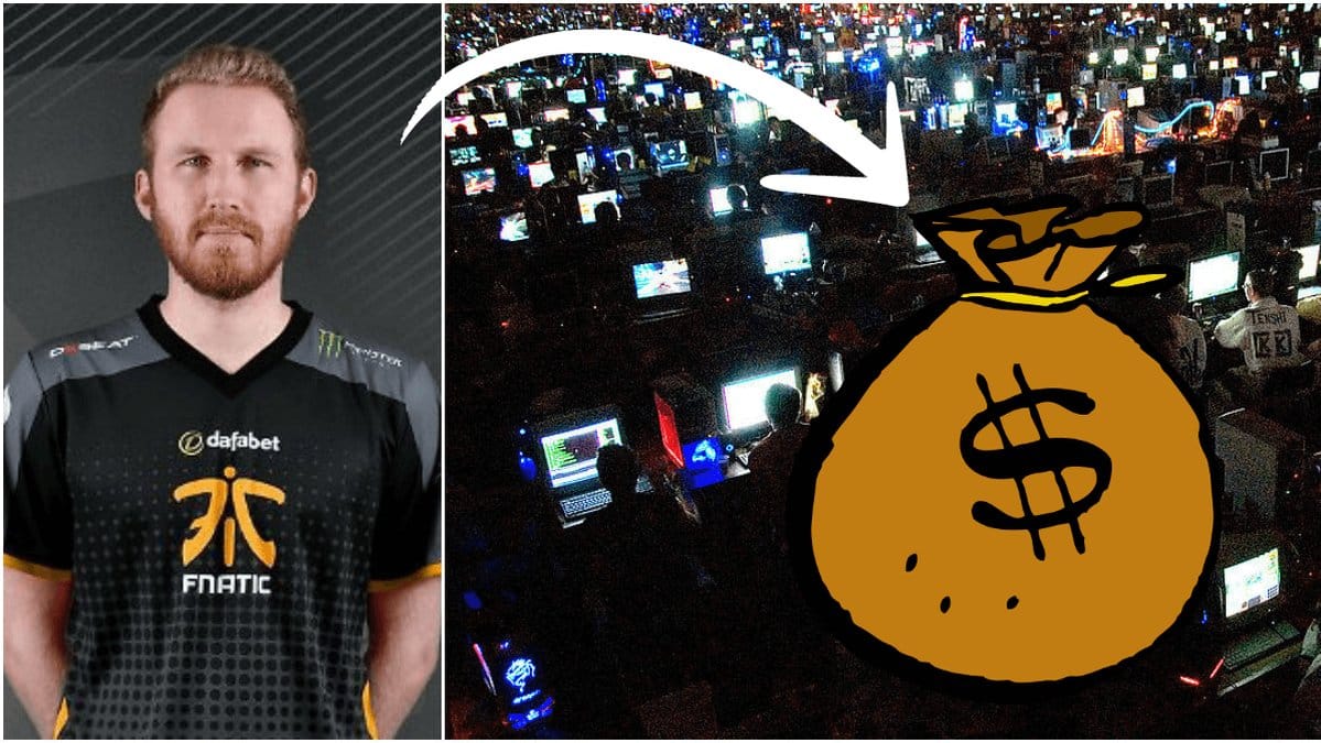 Porträtt på Olof Olofmeister Kajbjer, dreamhack och en animerad pengapåse.