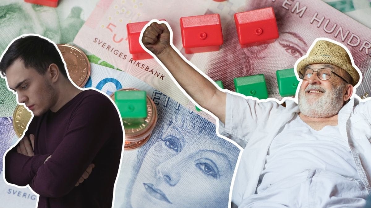 Pengar, en ledsen kille och en glad äldre man.