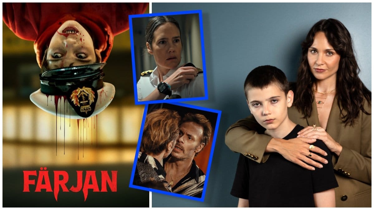 Omslaget till Färjan, stillbilder ur tv-serien och Kolbjörn Skarsgård tillsammans med Tuppence Middleton