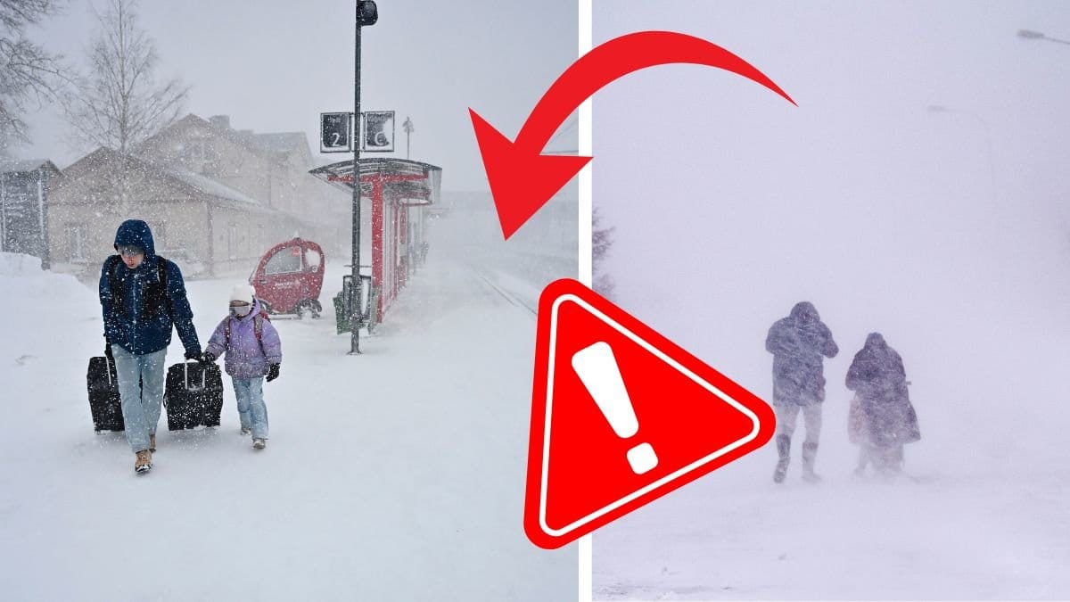 Personer i storm till vänster och höger. En utklippt röd varningsskylt i mitten. 