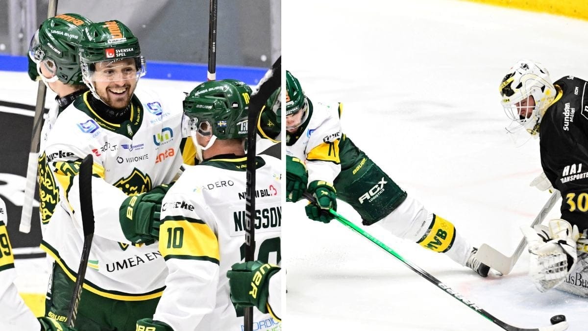 Björklöven firar en vinst vänster. En spelare frå Björklöven och en från Karlskoga på isen höger.