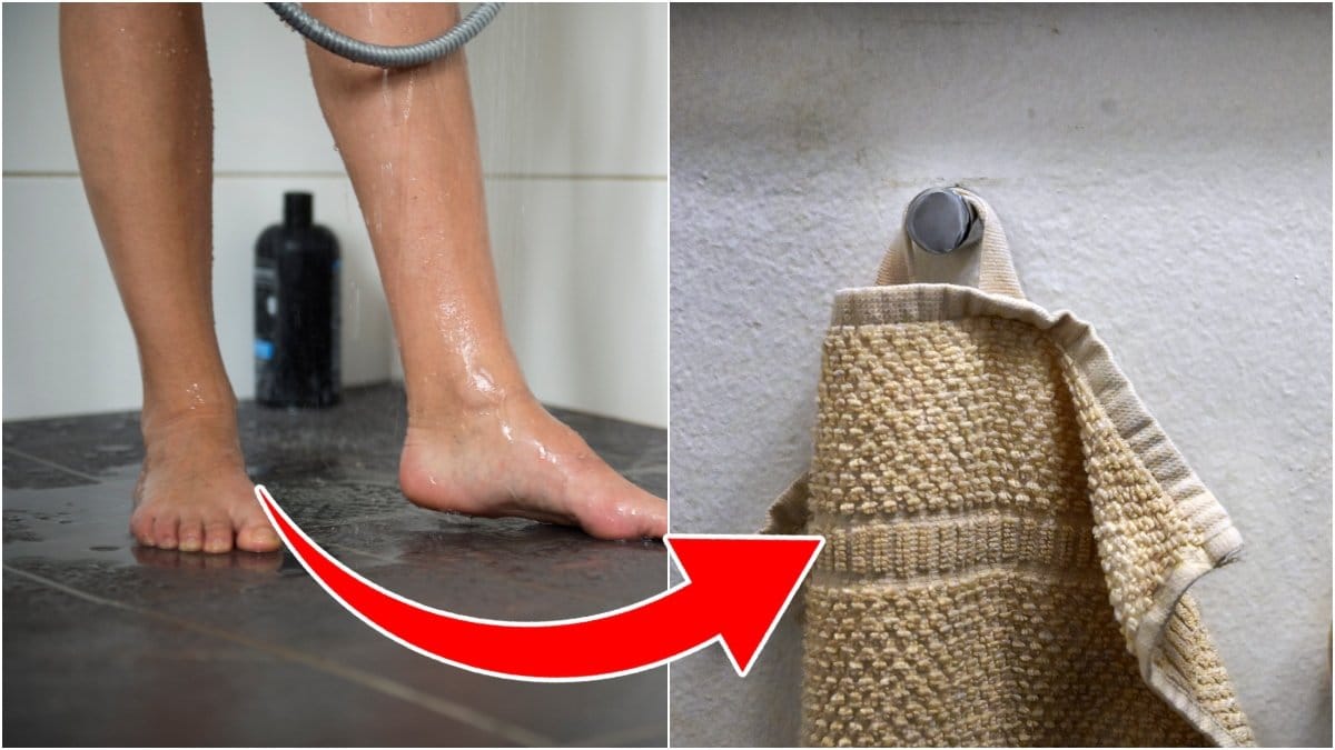 Bild på två fötter som står i en dusch och en närbild på en gul handduk.
