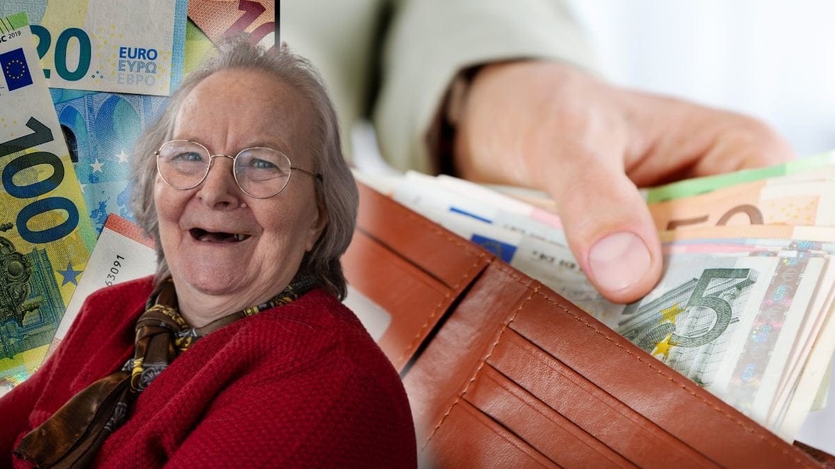 Euro-sedlar, plånbok och glad äldre kvinna.
