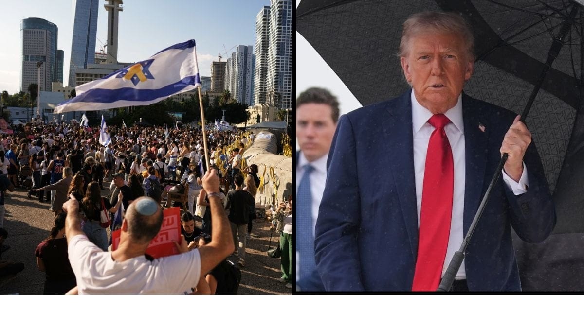President Donald Trump talar med reportrar innan han kliver ombord flygplanet med destination Israel. 