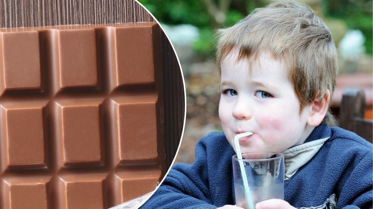 Bilder på en mjölkchokladkaka och ett barn som dricker läsk ut ett glas med sugrör.