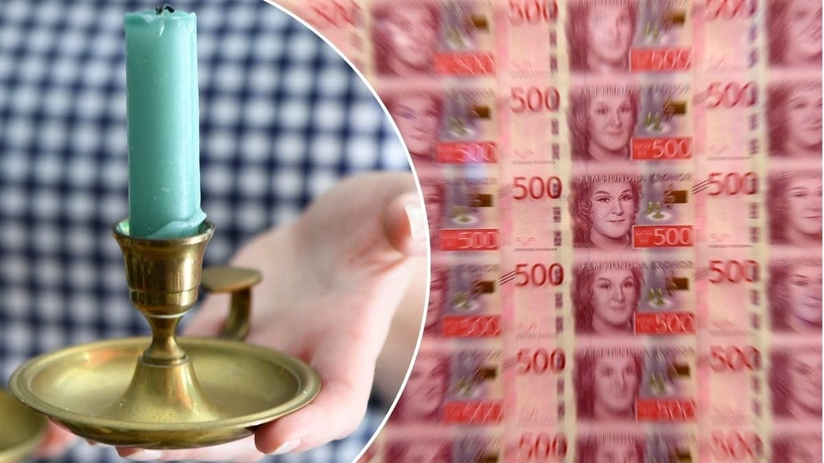 Bilder på nya sedlar och en ljusstake.