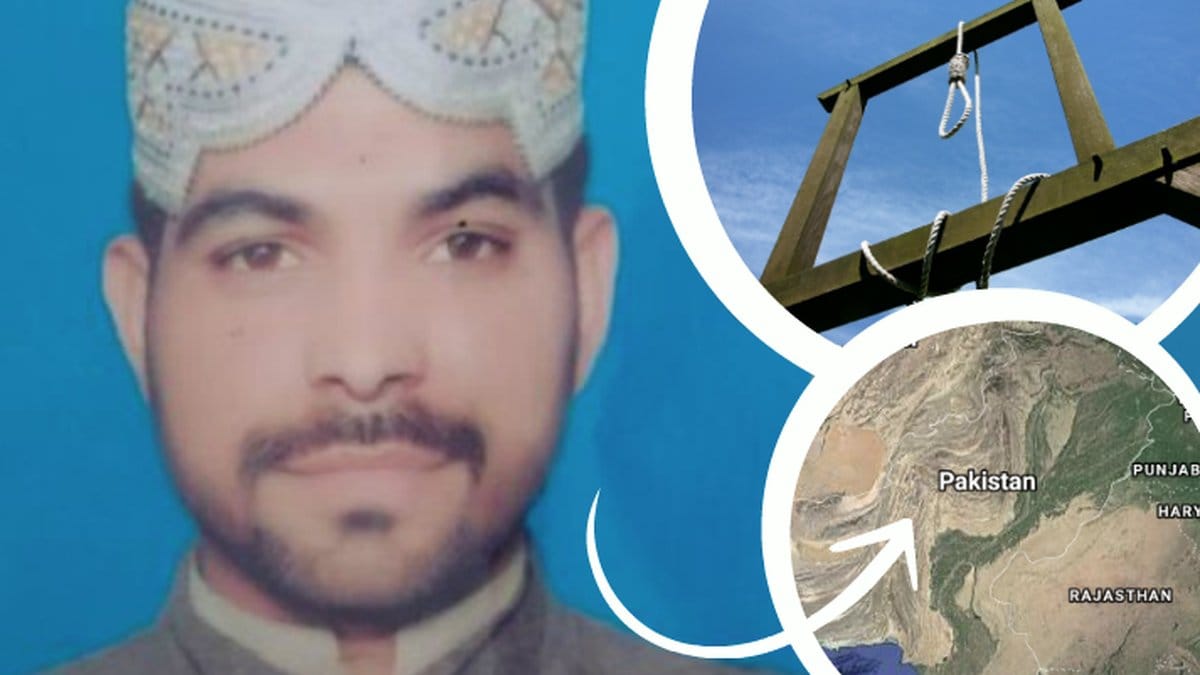 Imran Ali, en galge och karta över Pakistan med en vit pil.