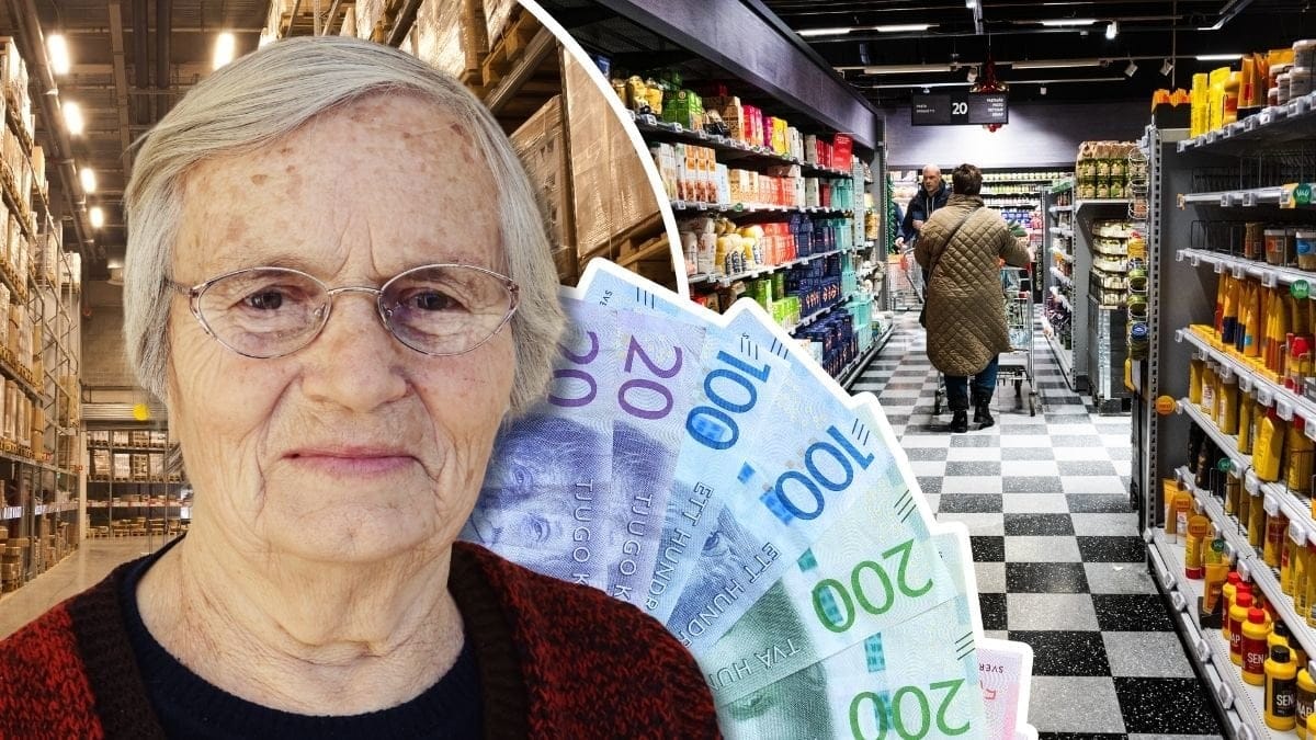Äldre kvinna, svenska sedlar och matbuik
