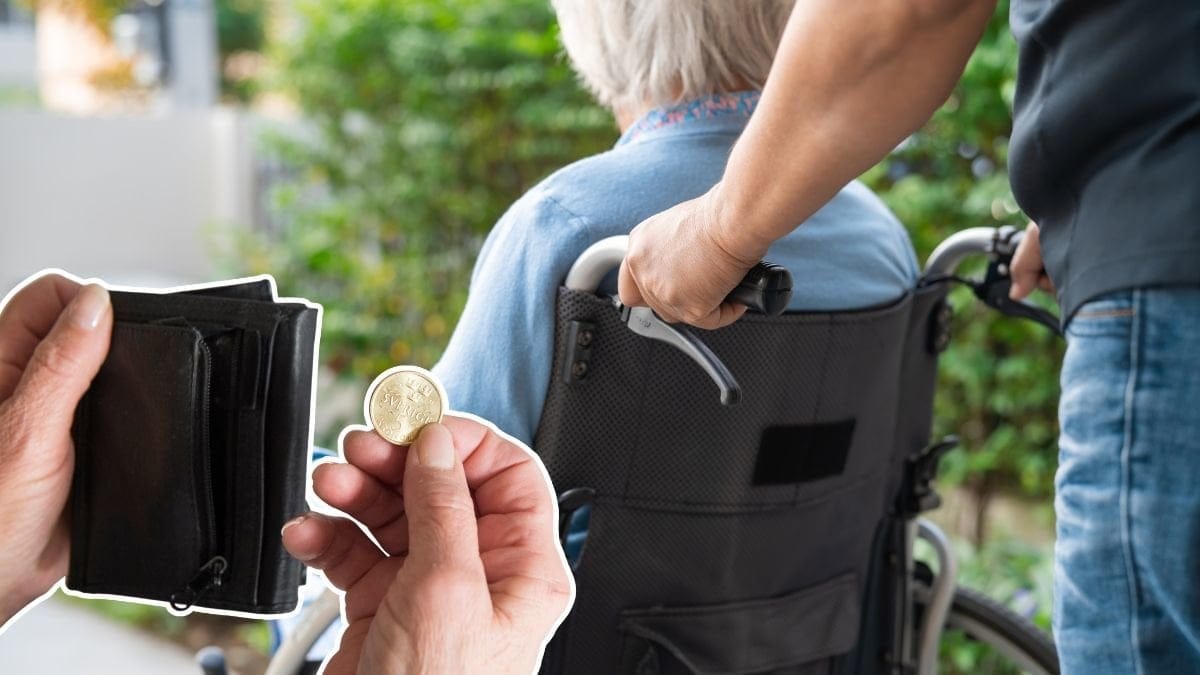Plånbok och ett mynt och en person som blir körd i rullstol.