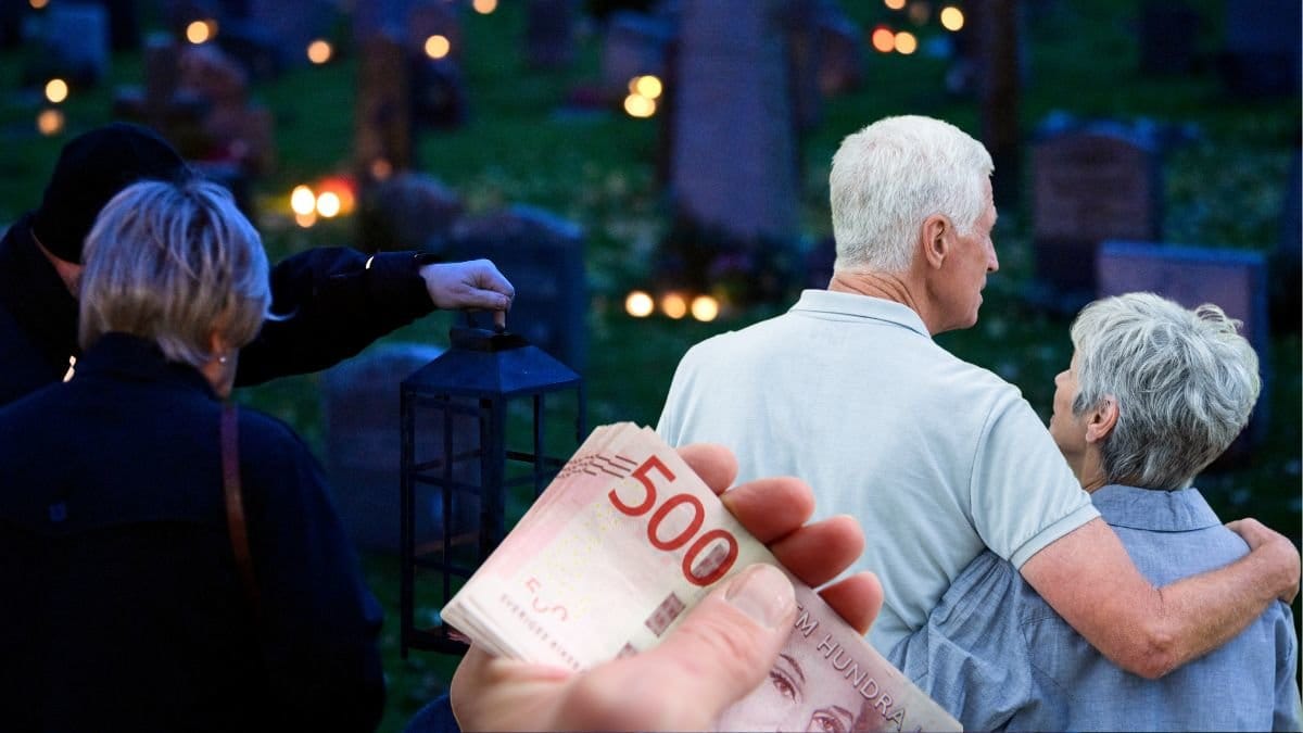 Kyrkogård, äldre par som håller om varandra och femhundralappar i en hand.