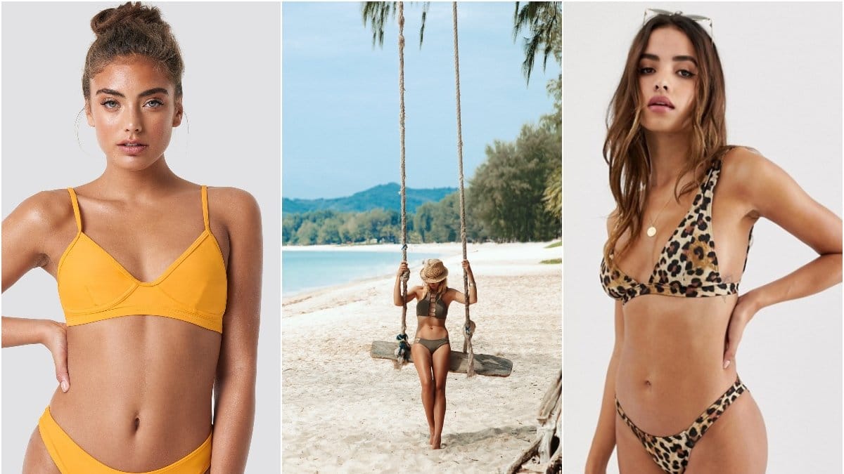 Mörkgul bikini, tjej på strand i gunga, leopardmönstrad bikini