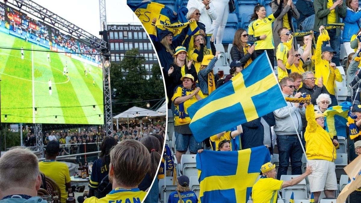 Bilder på Sverige-supportrar som hejar på Sverige och kollar på en match.