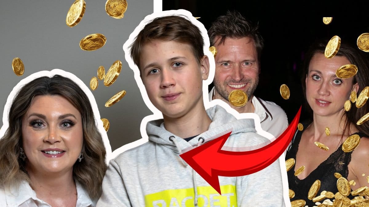 Camilla Läckberg och Charlie Läckberg Melin vänster. Martin Melin och Camilla Läckberg höger. Mynt regnar i bakgrunden.