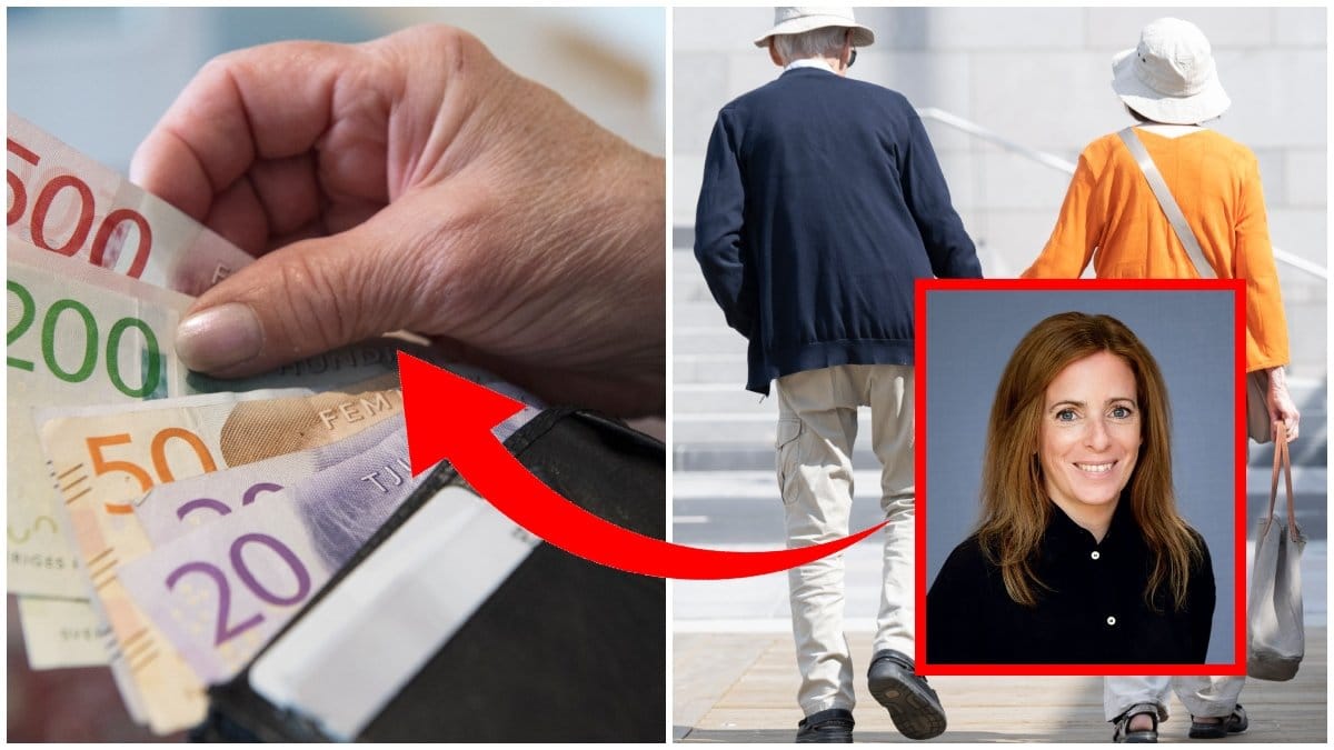 En plånbok och ett par pensionärer som håller handen. 