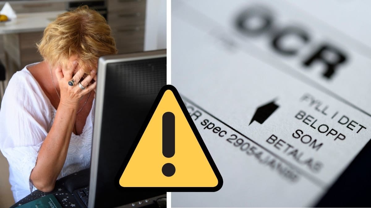 Kvinna med ansiktet i händerna framför dator och en faktura med OCR-nummer