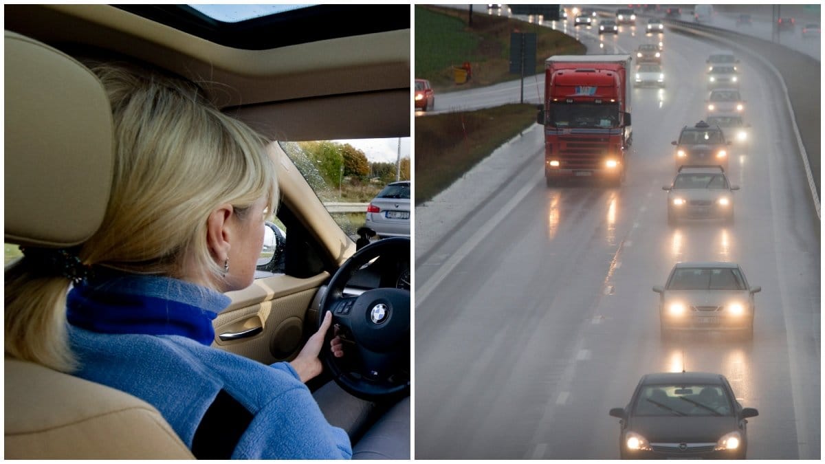 En kvinna som kör bil och en motorväg.
