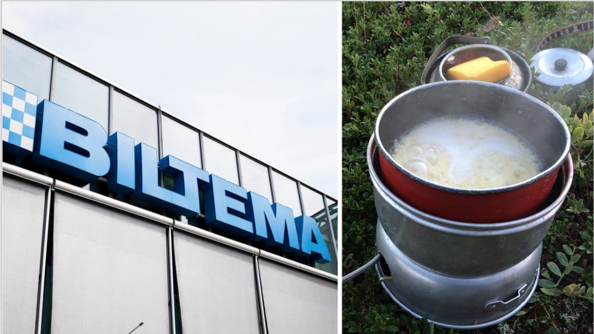 Genrebild på Biltemas logga samt ett stormkök