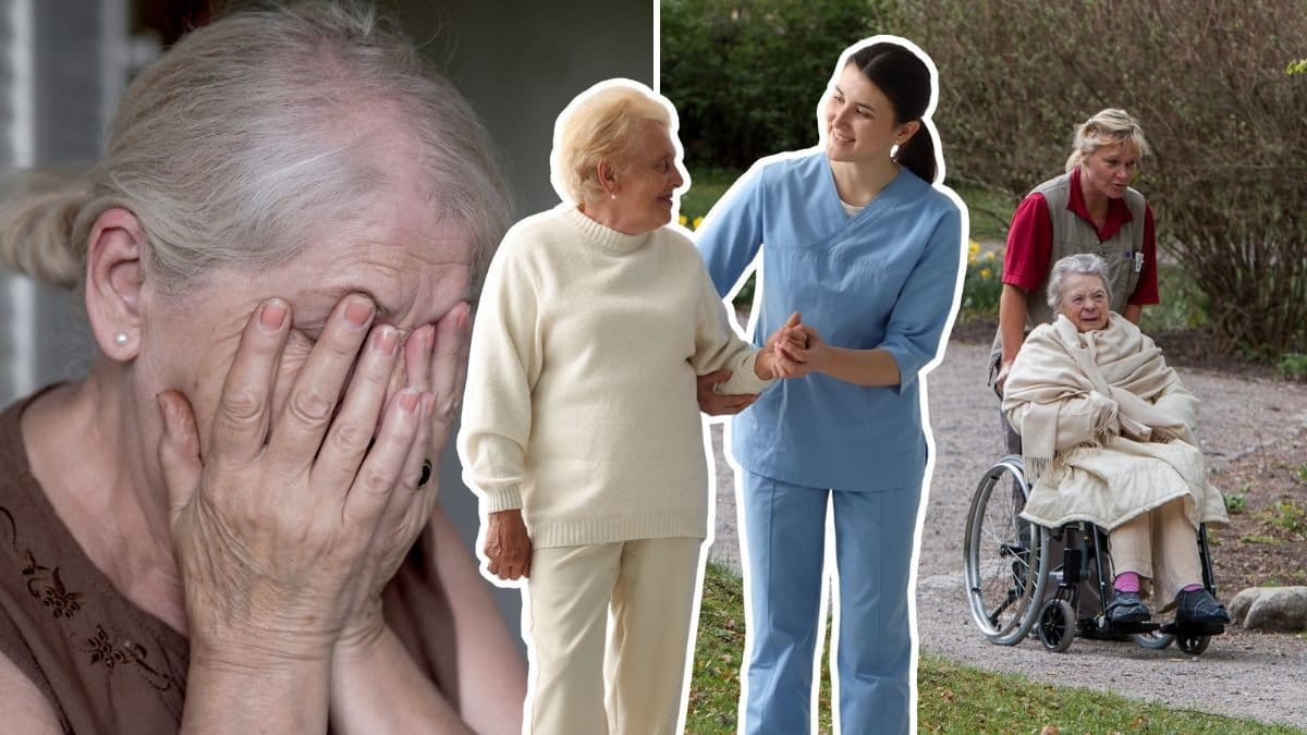 Ledsen kvinna, kvinna i rullstol och hemtjänstpersonal håller om kvinna.