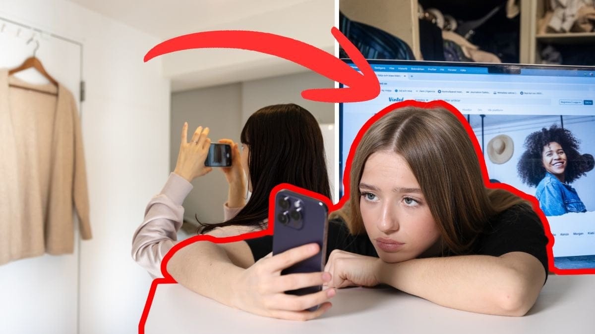 Kvinna tar bild på en tröja vänster. Datormskärm med sajten Vinted uppe på skärmen till höger. En ung tjej som kollar på mobilen med en sorgsen blick utklippt i mitten.