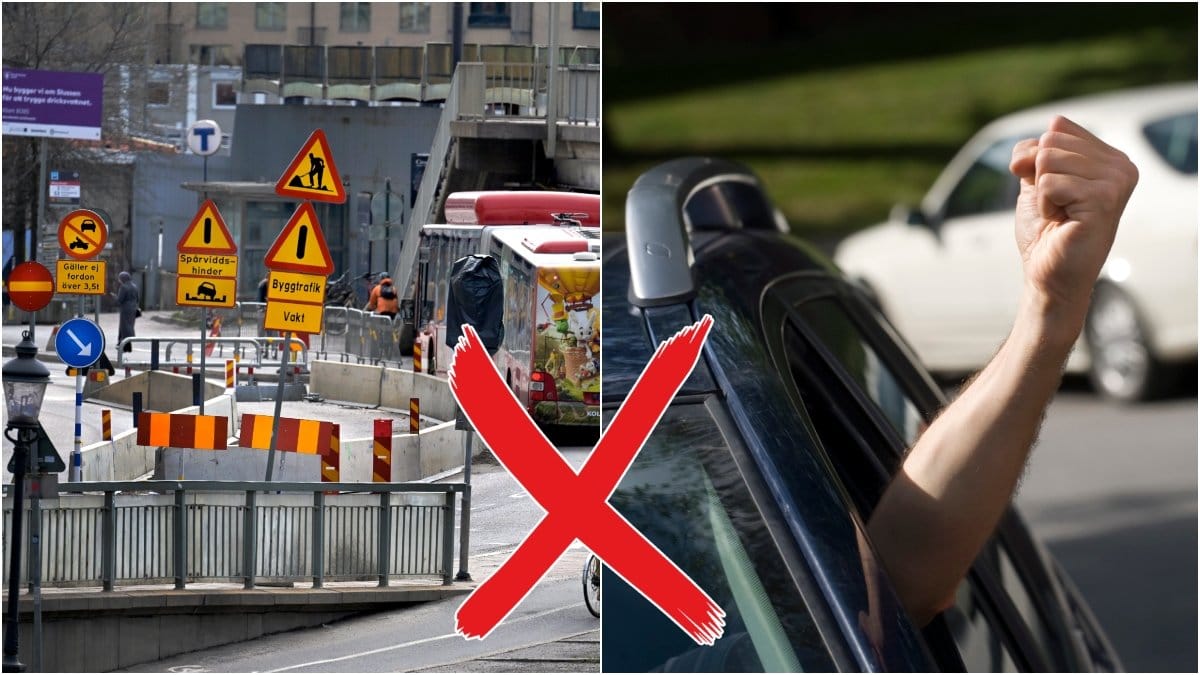 Bild på en bilväg med vägmärken och trafikskyltar och en bild på en bilförare som räcker ut handen från fönstret på en bil.