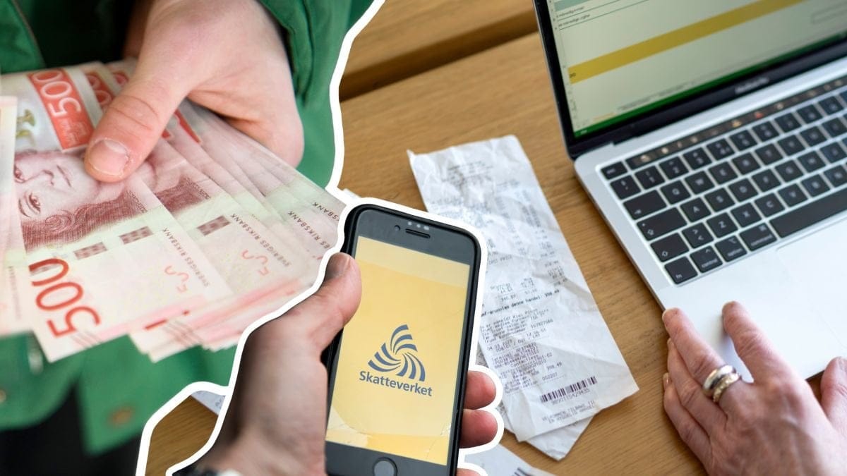 Kvitton, dator, pengar och mobil med Skatteverkets app.