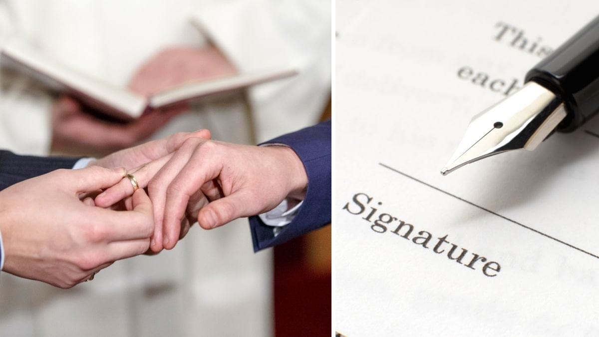 Äkta par och en blankett som ska signeras.