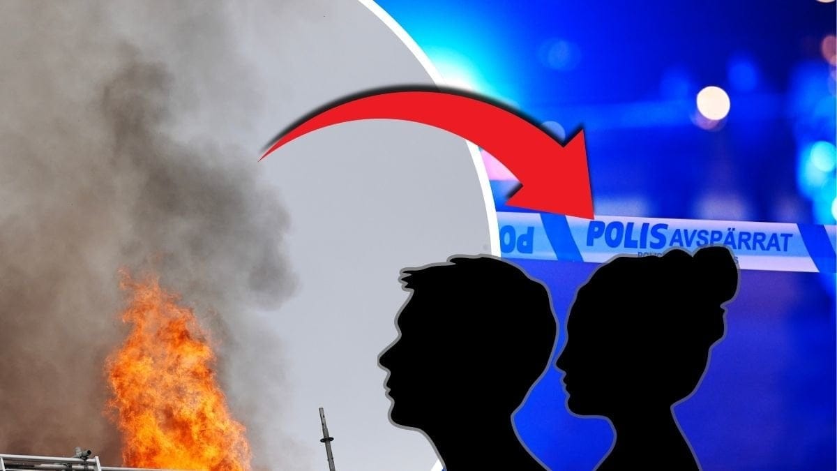 Rökmoln till vänster. Polis blåljus till höger. Siluett, en man och en kvinna.