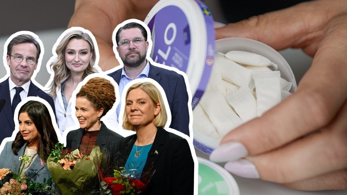 En snusdosa i bakgrunden. Ulf Kristersson, Ebba Busch Thor, jimmie Åkesson, Nooshi Dagoostar, Amanda Lind och MAgdalena Andersson utklippta till vänster.