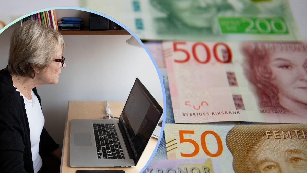 Kvinna vid dator och pengar.