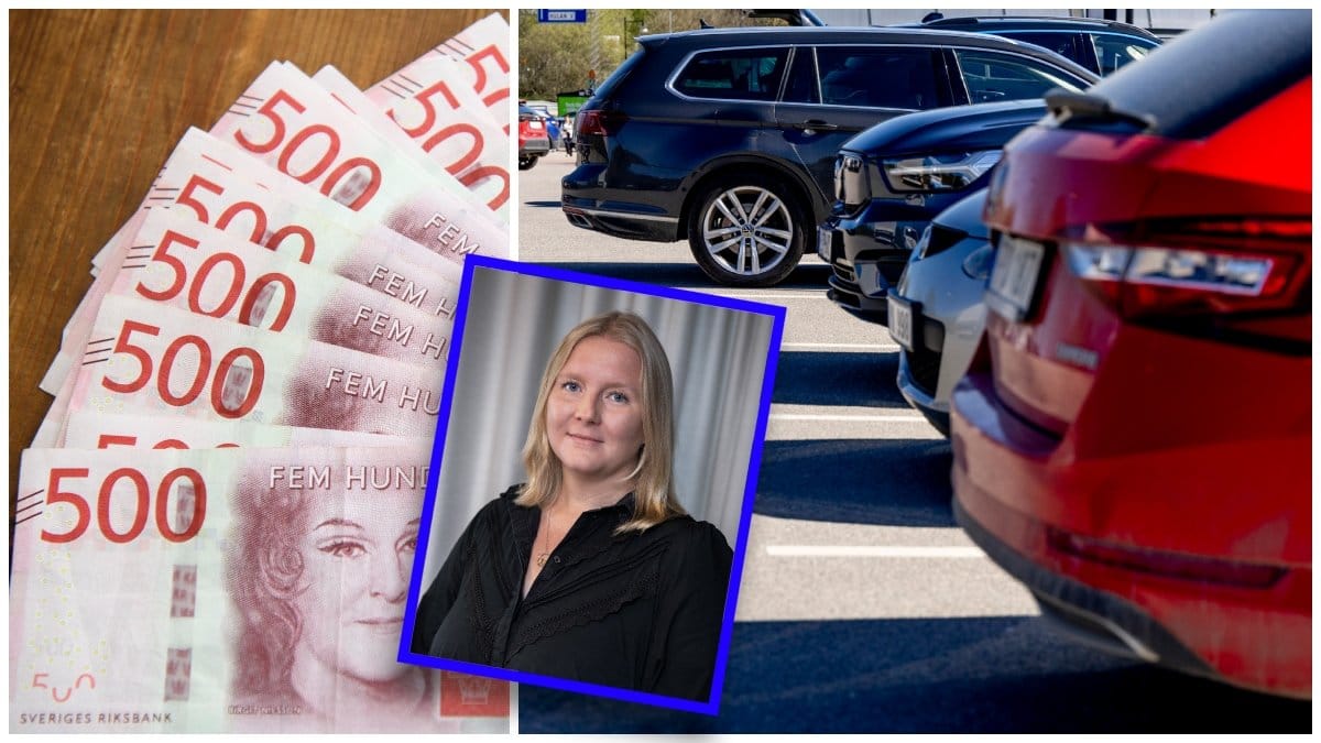 Femhundralappar på ett bord, juristen Sofia Ulriksson och bilar på parkering