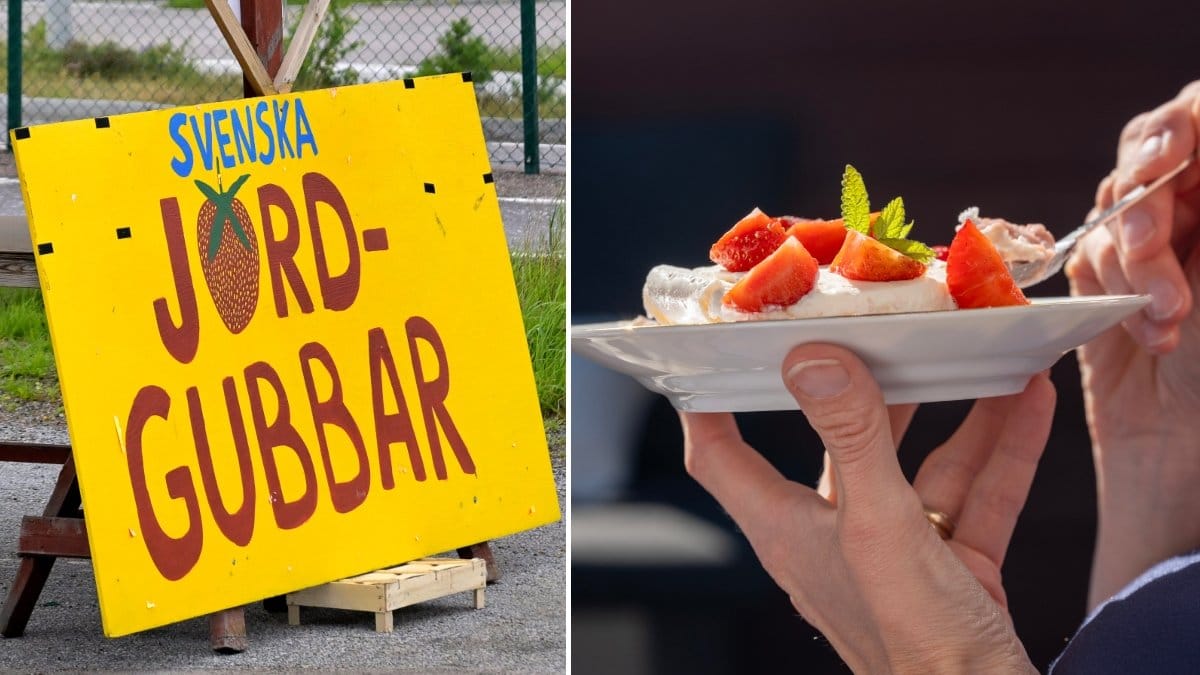 En skylt där det står svenska jordgubbar och en tallrik med jordgubbar som en kvinna äter ifrån.