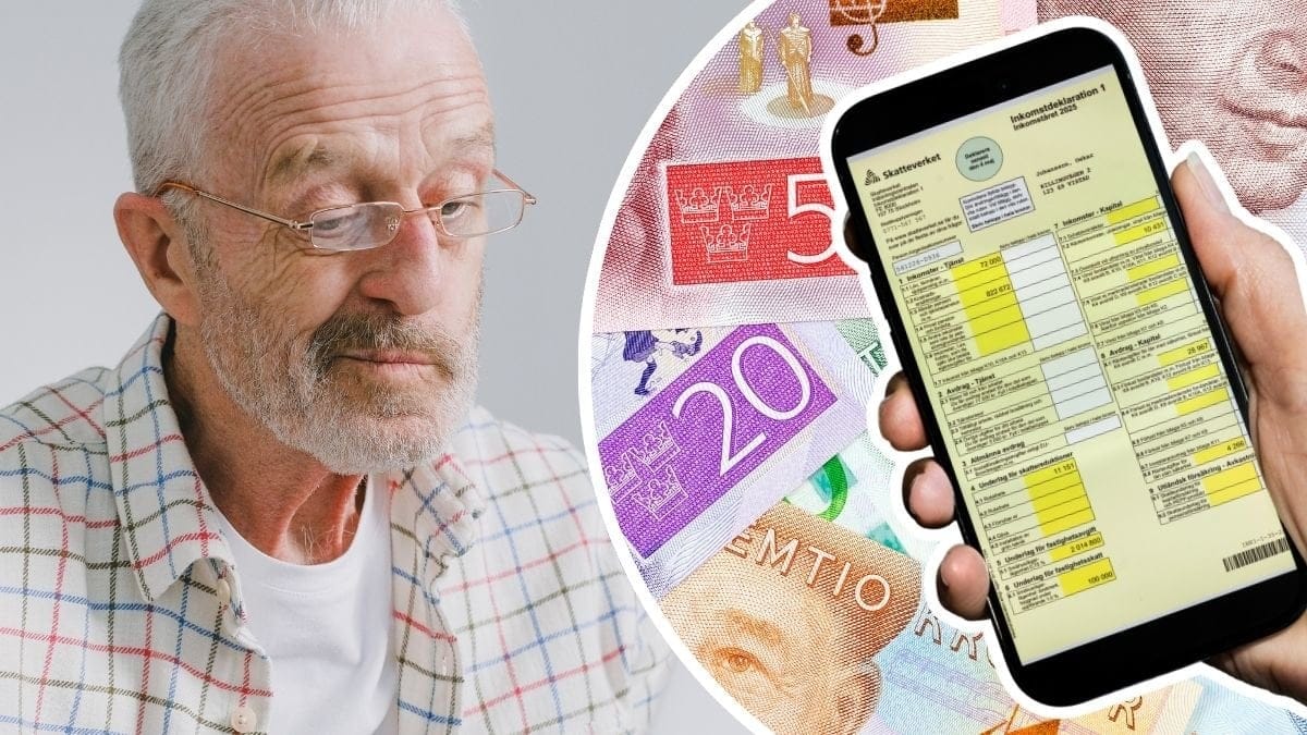 Äldre man, deklarationen i en mobiltelefon och sedlar