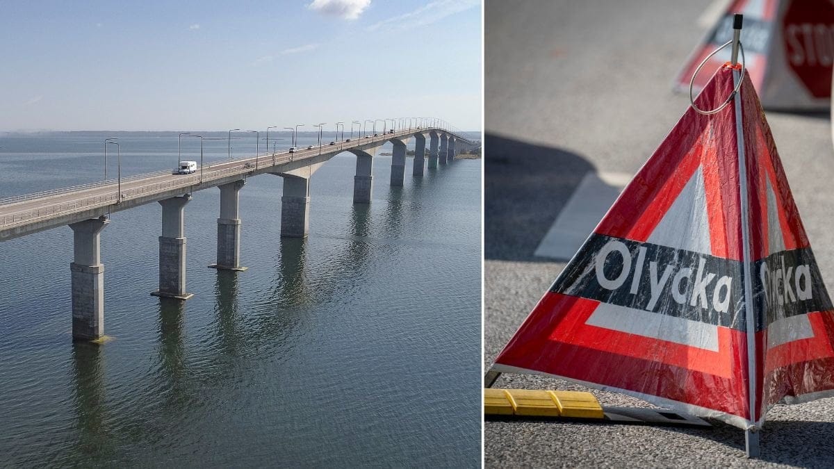 Ölandsbron och en skylt som varnar för trafikolycka.
