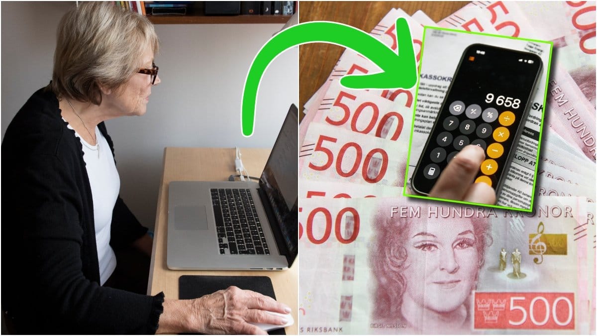 Kvinna, sedlar och miniräknare.