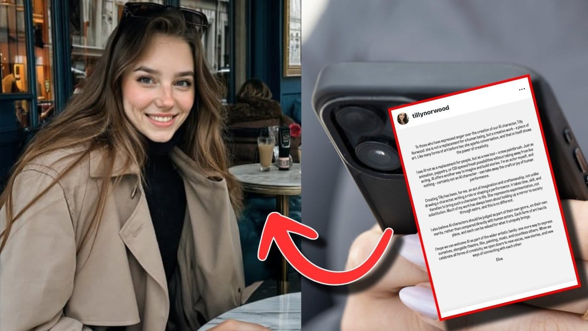 En bild på Tilly Norwood till häger, AI-genererad. En bild på en person som håller i en svart mobiltelefon till höger. Över den är en printscreen på ett uttalande från Tilly Norwoods skapare på Instagram. En röd pil pekar från uttalandet till Tilly Norwood. 