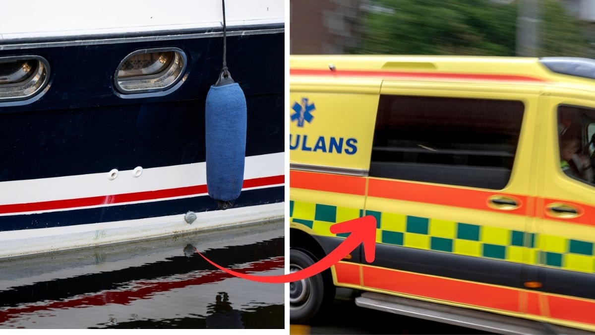 Båt till vänster, ambulans till höger. 