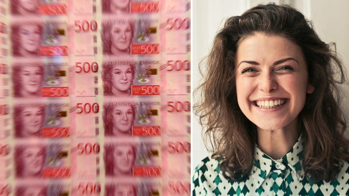 Bild på sedlar och en glad kvinna.
