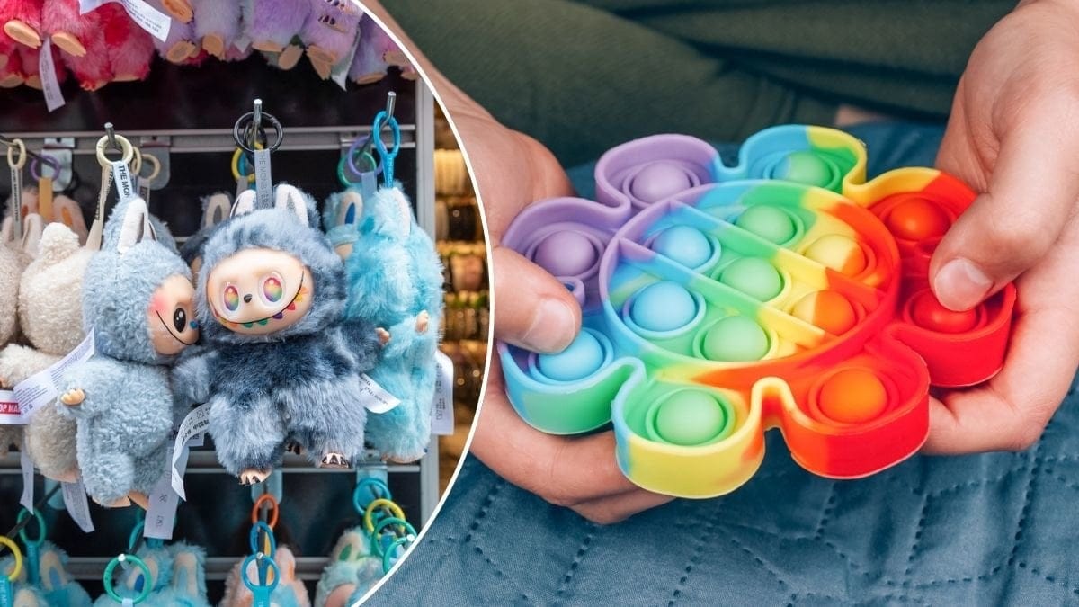 Bilder på en Fidget Toy och Labubus.