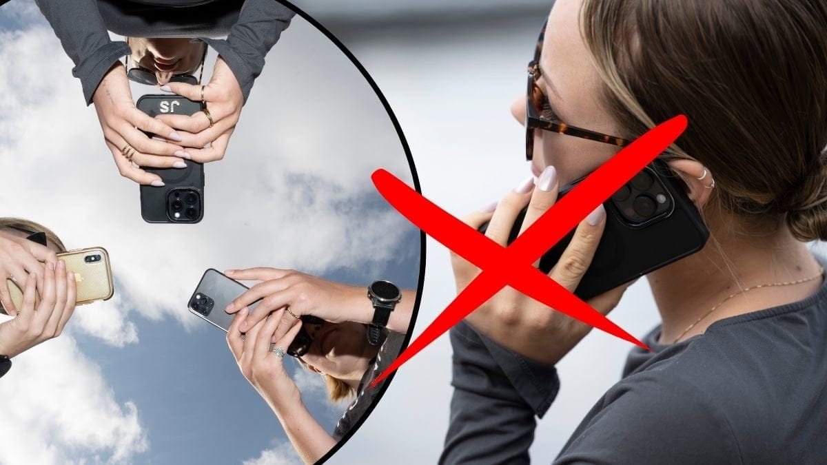 tre tjejer som sms:ar och en kvinna som ringer