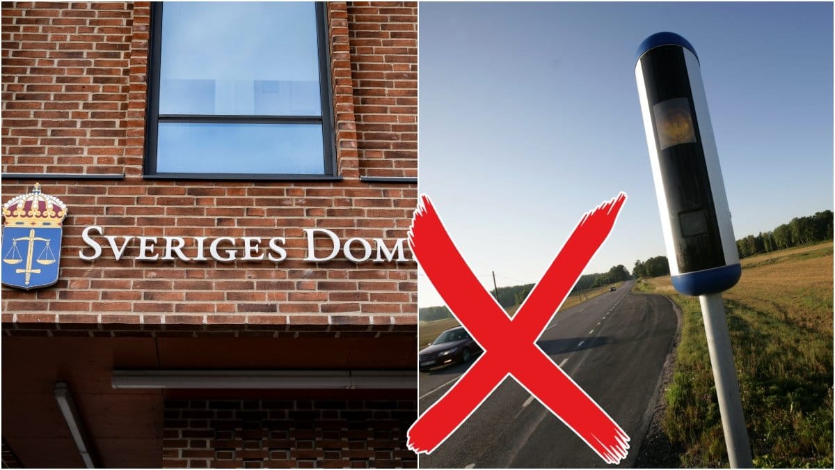 Bild på Sveriges Domstol och bild på en fartkamera på en landsväg. 