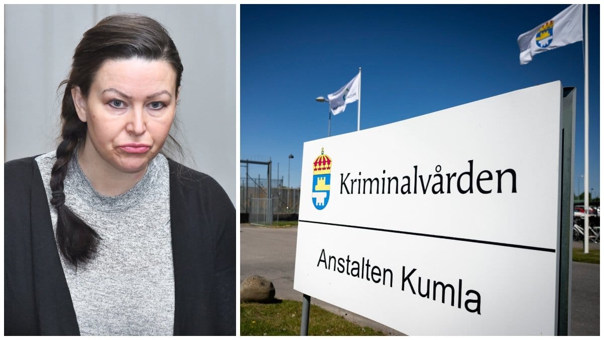 Johanna Möller och en skylt vid anstalten Kumla.