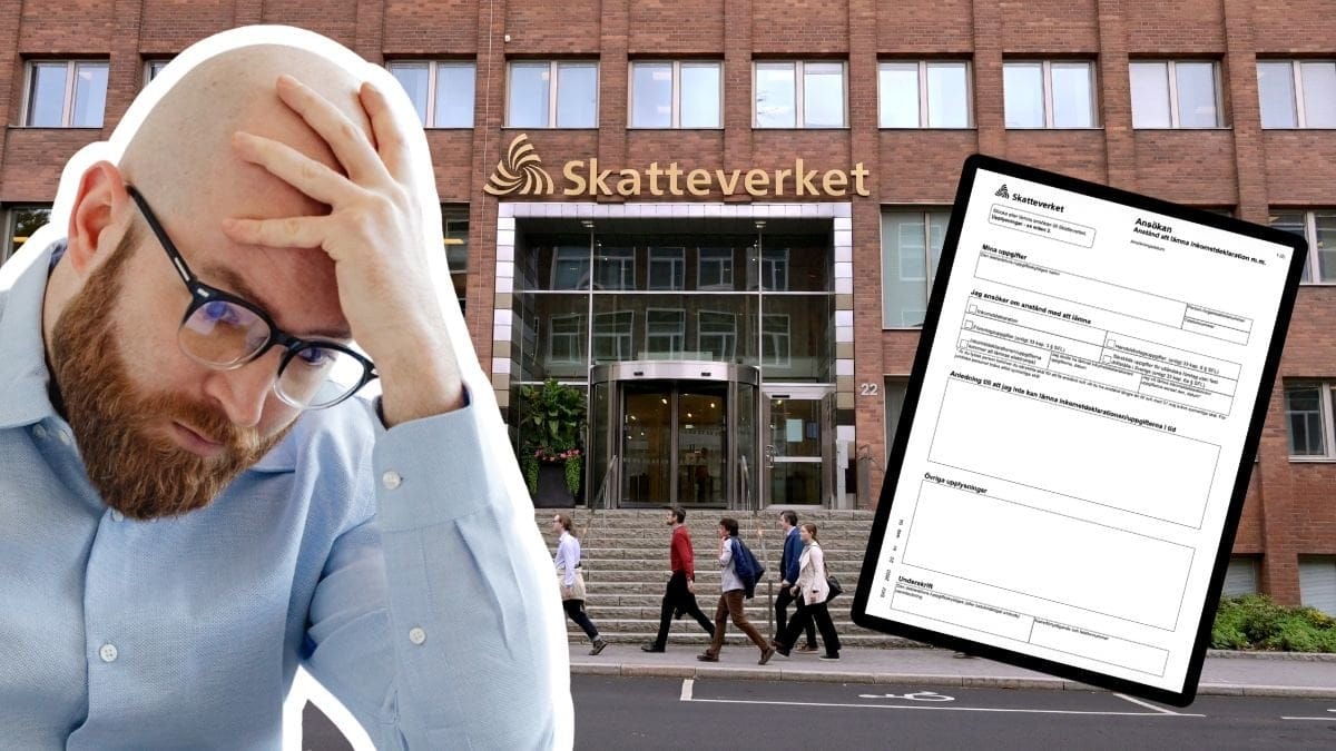 Man med bekymrad min, Skatteverkets kontor och en ansökan om anstånd för deklarationen 2026