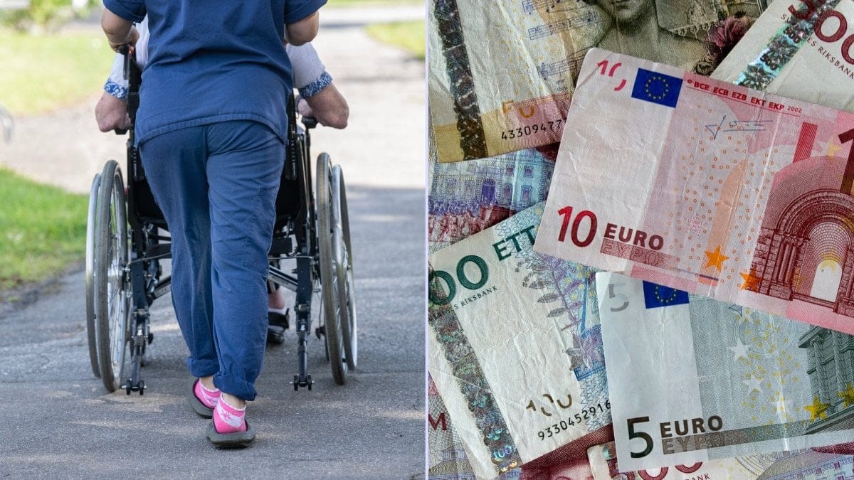 Pensionär i rullstol och svenska- och eurosedlar.