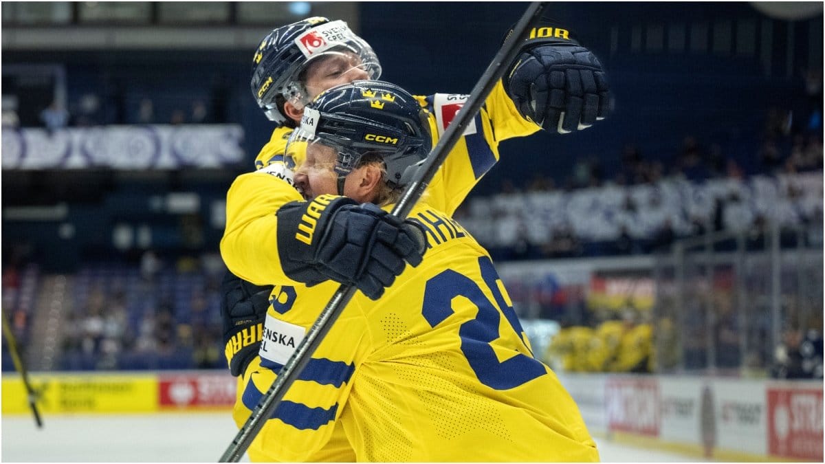 Sveriges Rasmus Dahlin jublar med Lucas Raymond.