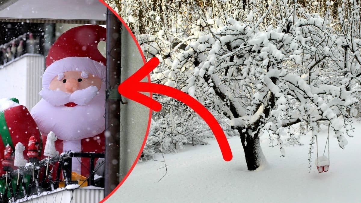 Tomte på balkong och snöigt träd