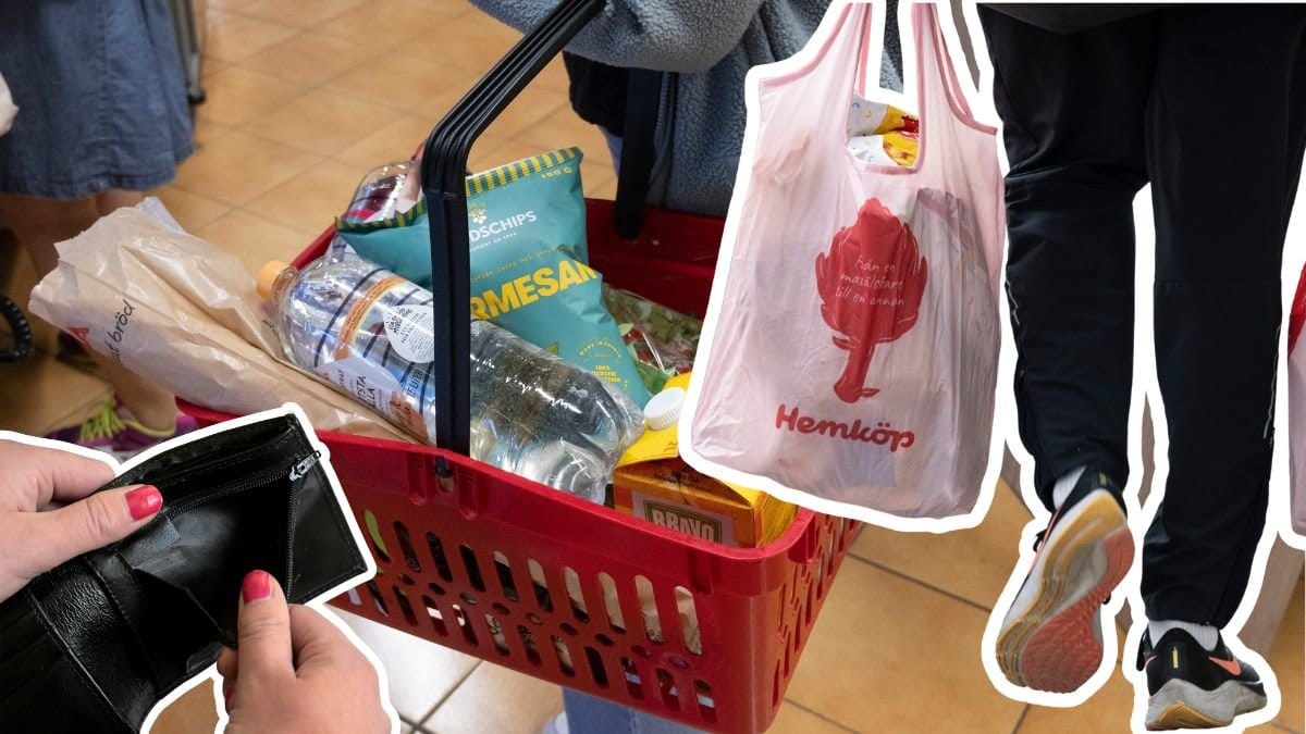 Handling, tom plånbok och matkasse.