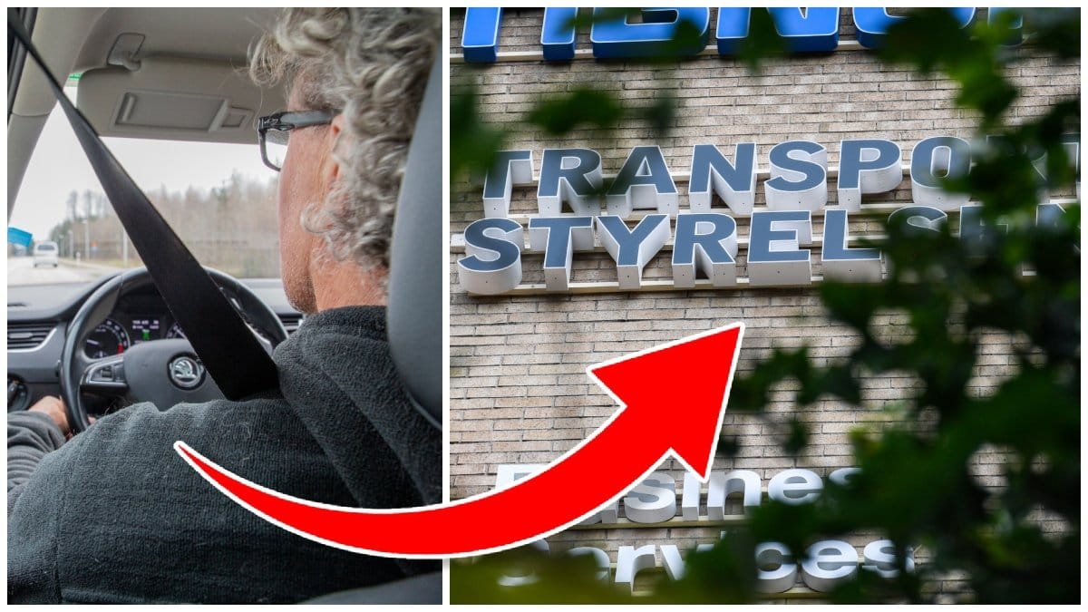 Man som kör bil och Transportstyrelsens logga på en fasad