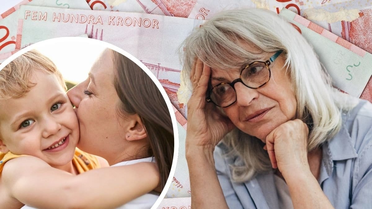 Mamma och barn, svenska sedlar och äldre kvinna