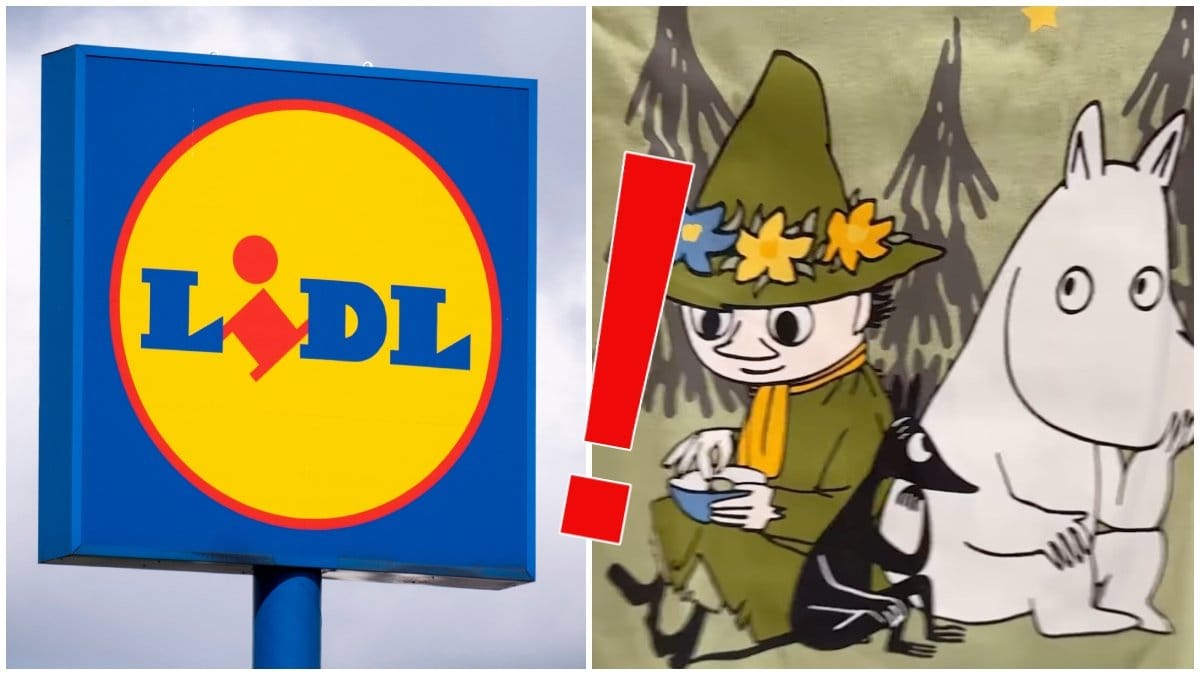 EN skylt för butiken Lidl och en tröja med Mumin och Snusmumriken.