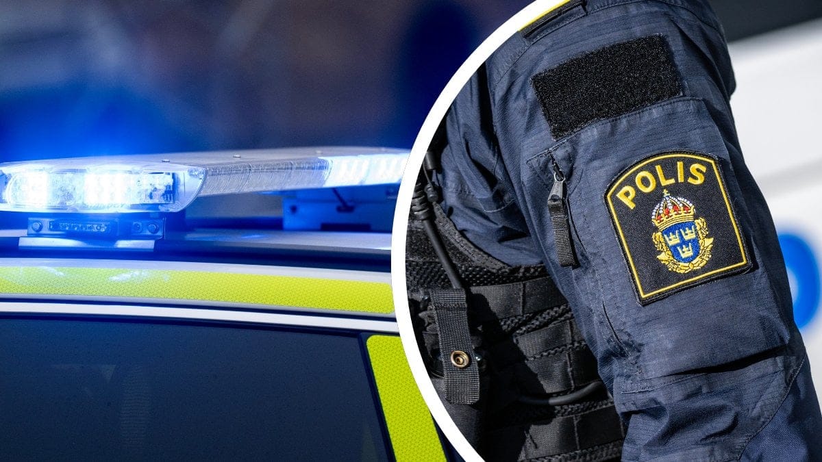 Blåljus på en polisbil vänster. Armen på en polis till höger.